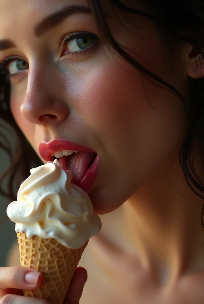 Sexy woman mouth licking ice cream. Smeared mouth. focus on mouth