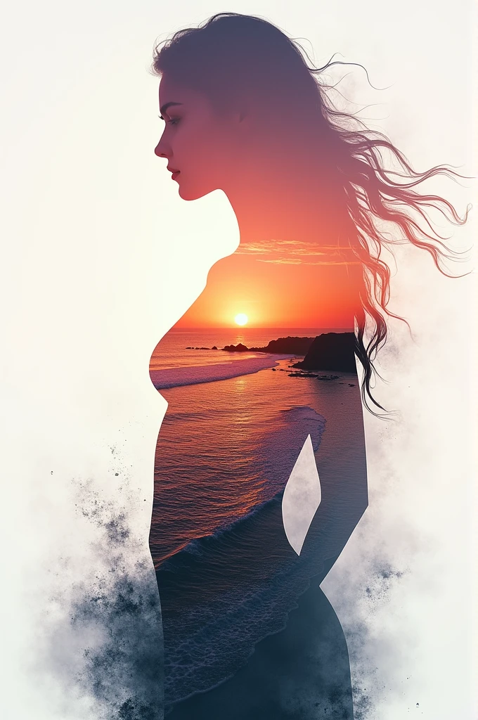 high quality, 8K Ultra HD, A beautiful double exposure that combines an goddess silhouette with sunset coast, sunset coast should serve as the underlying backdrop, with its details incorporated into the goddess , crisp lines, The background is monochrome, sharp focus, double exposure, by yukisakura, awesome full color,