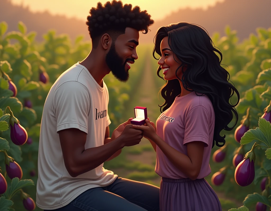 Un homme noir en genoux entrain d’offrir une bague de mariage et son amoureux noir souriant dans une un champ d’aubergines
Nous pouvons voir le mot Ivan sur le t-shirt de l’homme et Florence sur le t-shirt de la femme