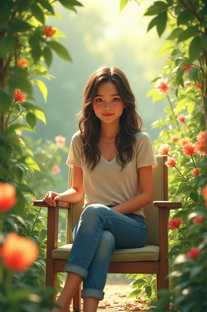 A 20 year old girl who wear jeans top seating in the chair into the garden 
