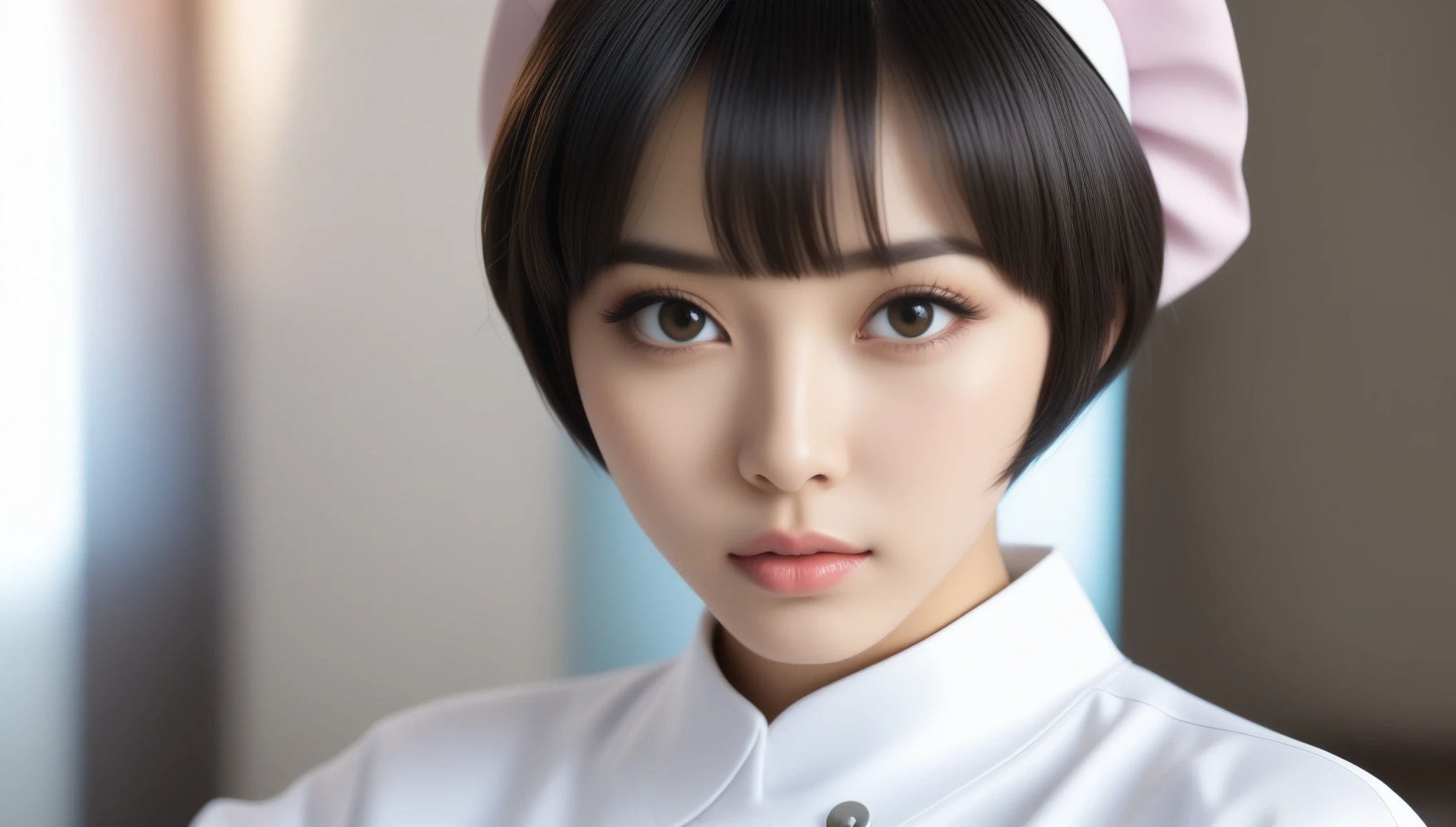 8k, Ultra-high resolution, Highest quality, masterpiece, 三分割法によるphotograph,Surreal, photograph, 1 , (:1.3), cute, cute顔, 細部までBeautiful Eyes, 細かくdetailedに,masterpiece,One Girl:1.2,Japanese women,nurse,upper body,glaring,Black short hair,Bowl cut,ID photo,((Fusion of humans and androids)),(Nurse uniform of the future:1.3),cyber punk,Eccentric,Medical Treatment Room,white collar,(Beautiful attention to detail),Subtle details, detailedな顔,anger,Attractive eyes,(ポートレートphotograph:1.4),(Photorealistic images:1.4),Fantasy art,(Beautiful Face:1.4),美しくAttractive eyes、Beautiful Eyes,Silver residue,(Tight waist:1.4)、(Beautiful with perfect body proportions:1.4),Pink Lips,profile,(((Ideal body type))),A-cup small breasts :2,、Portraiture:2、Perfect Anatomy、鮮明なdetailed、detailed,Fashion magazine cover,Thin lips,完璧でBeautiful Face ,完璧でcute顔, Skin with attention to detail, Perfect limbs、Narrow waist,Surreal,Light and shadow,spotlight