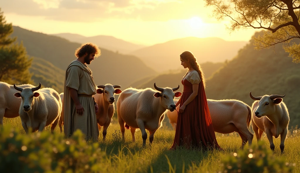 Greek shepherd man and woman playing with a lot of cows and sheeps in green hilly background renaissance cinematic HD ancient times