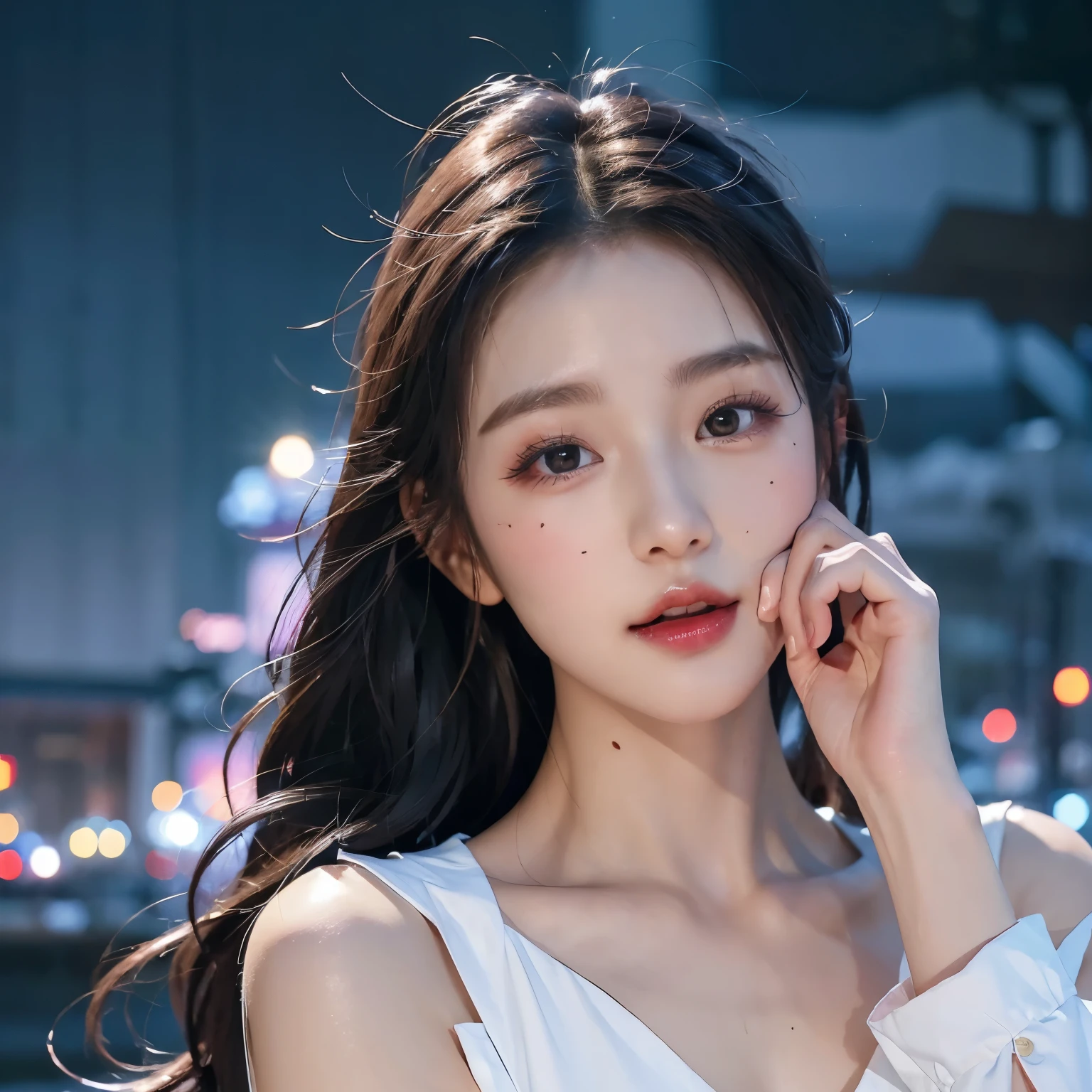 With my whole body, (realistic:1.4), 8k words, top quality, ultra high resolution, Unique Backgrounds, cloud, Dark and very dark......., Building lights are lighting up the night......., wind:1.3, (Wearing a crop top and a short skirt), (image:1.1), kpop idol, (Korean beautiful girl), (mixed korean), (pretty lips:1.1), (Eyelashes:1.1), (happiness:1.21), (depth:1.1), (Neat makeup), (Clear facial skin: 1.2), (glowing skin), (big bust),