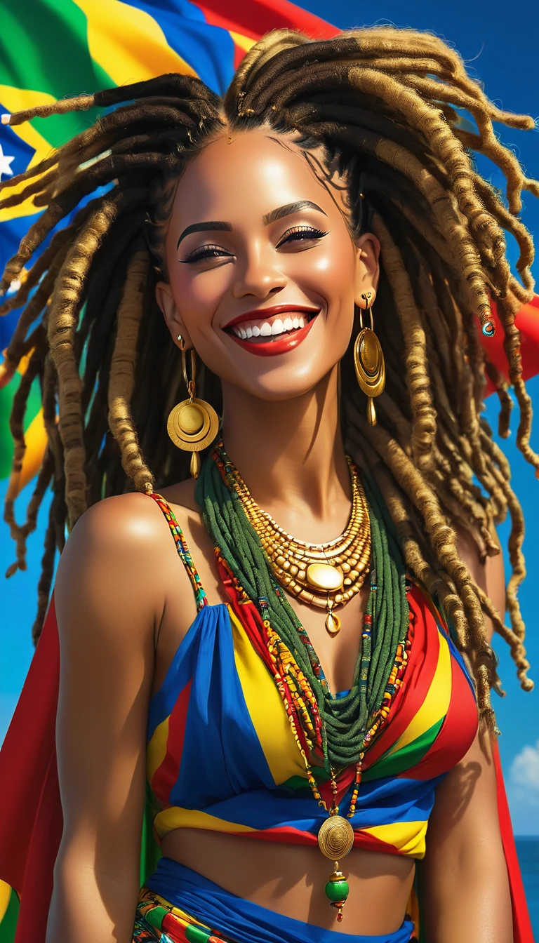 ((best qualityer)), ((8k)), Singer Tyla, with dreadlocks, beautiful and sensual, wonderful, powerful, goddess of beauty, wearing low-cut African clothes, with pure gold earrings and necklace, best smile in the world, bluish background with the colors of the flag of Cape Verde, very well detailed, a true masterpiece, seamless.