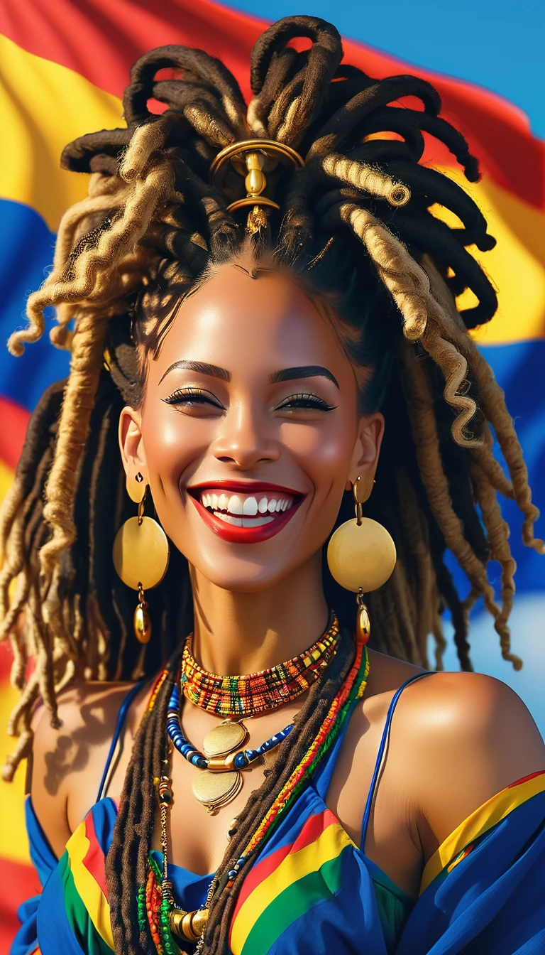 ((best qualityer)), ((8k)), Singer Tyla, with dreadlocks, beautiful and sensual, wonderful, powerful, goddess of beauty, wearing low-cut African clothes, with pure gold earrings and necklace, best smile in the world, bluish background with the colors of the flag of Cape Verde, very well detailed, a true masterpiece, seamless.