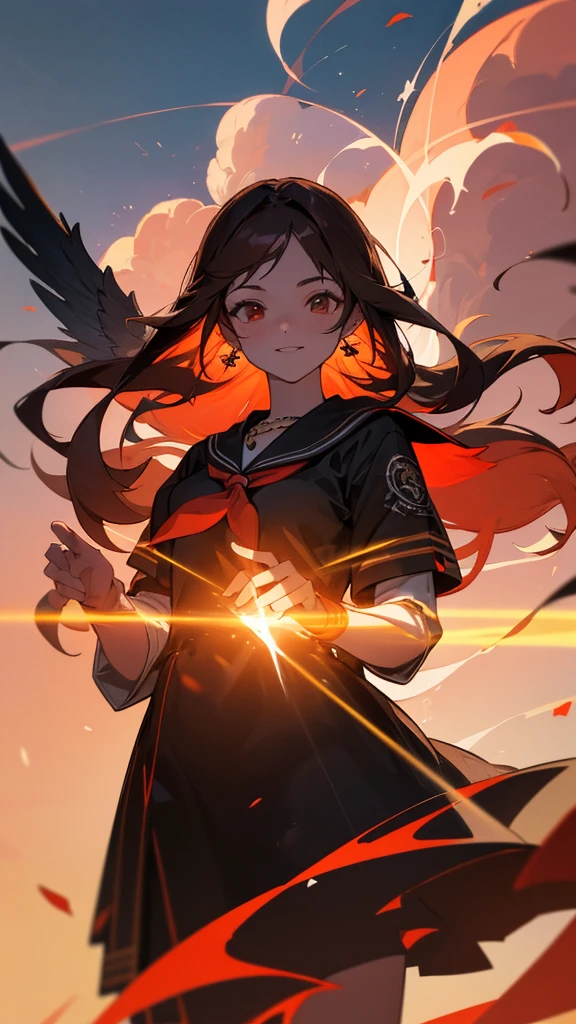 8k resolution, absurdres, cowboy shot, cyberpunk, girl, student, light smile, long hair, brown hair, bob hair, drop earrings, necklace, sailor shirt, sailor suit, sunset, city, Cinematic Lighting, beautiful detailed glow, floating ashes, beautiful and detailed explosion, red moon, fire, fire cloud, wings on fire, a cloudy sky, smoke of gunpowder, burning, black dress, dove of peace, (floating cloud:1.2)