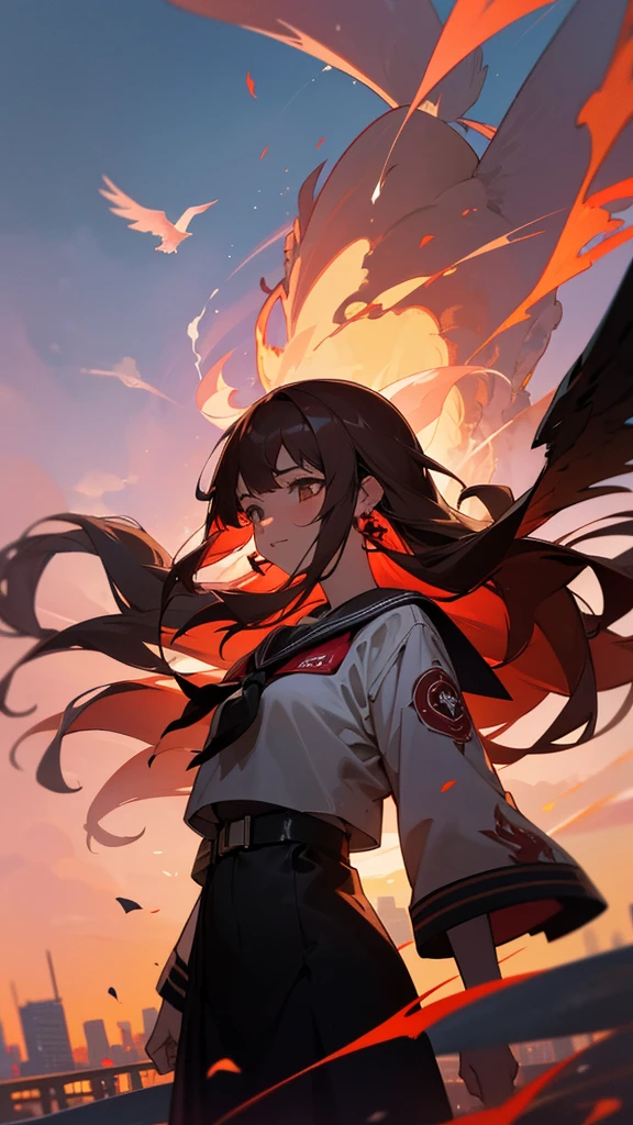 8k resolution, absurdres, cowboy shot, cyberpunk, girl, student, light smile, long hair, brown hair, bob hair, drop earrings, necklace, sailor shirt, sailor suit, sunset, city, Cinematic Lighting, beautiful detailed glow, floating ashes, beautiful and detailed explosion, red moon, fire, fire cloud, wings on fire, a cloudy sky, smoke of gunpowder, burning, black dress, dove of peace, (floating cloud:1.2)