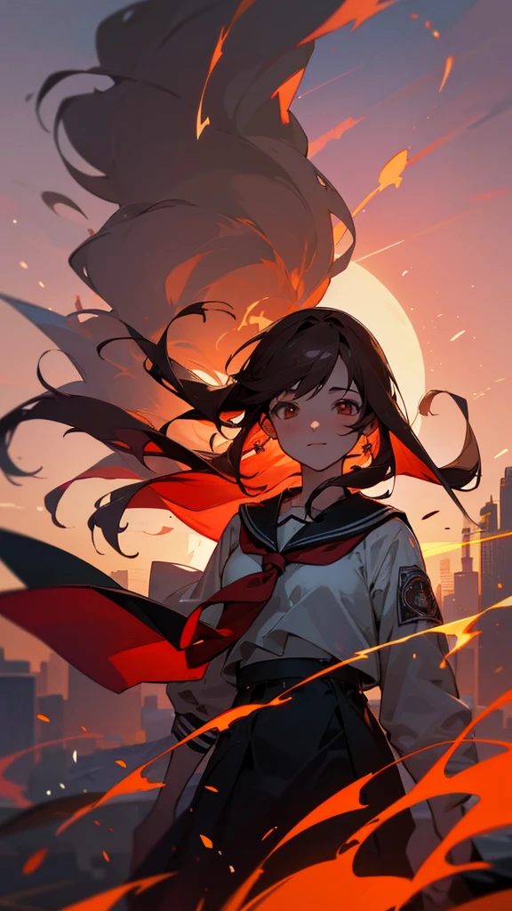 8k resolution, absurdres, cowboy shot, cyberpunk, girl, student, light smile, long hair, brown hair, bob hair, drop earrings, necklace, sailor shirt, sailor suit, sunset, city, Cinematic Lighting, beautiful detailed glow, floating ashes, beautiful and detailed explosion, red moon, fire, fire cloud, wings on fire, a cloudy sky, smoke of gunpowder, burning, black dress, dove of peace, (floating cloud:1.2)