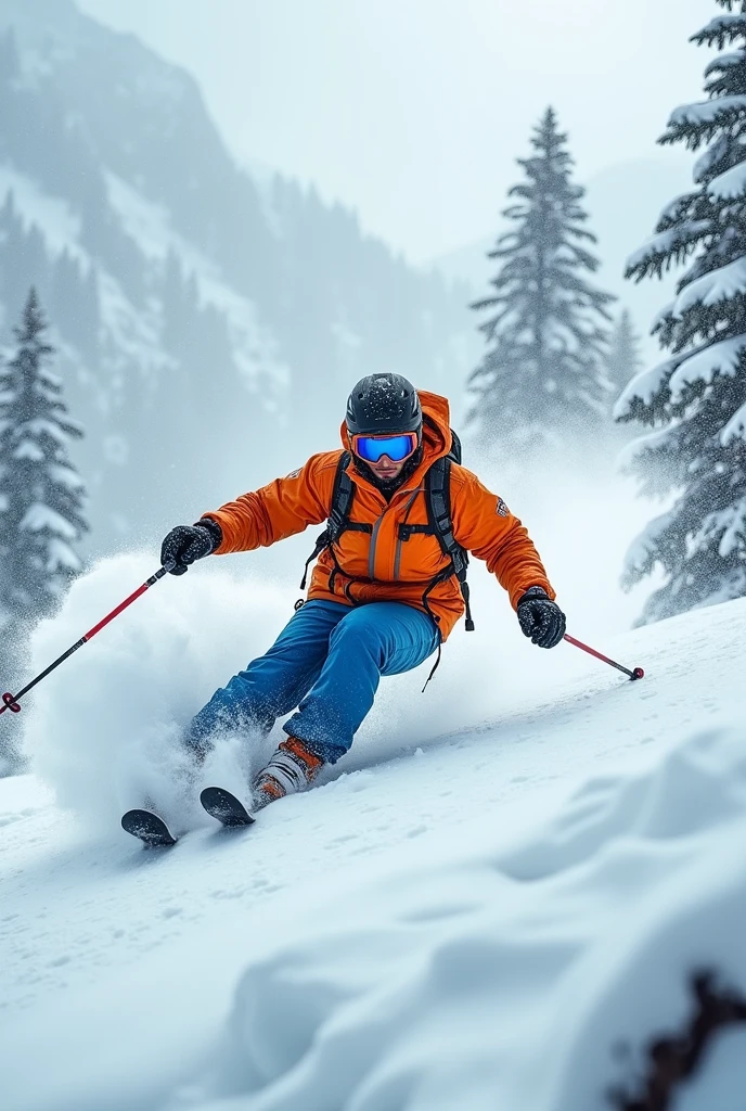 Heavy snow Toofan is in the air, is ready to jump on a man and a 30 years Indian young man is ski down with poles on the snow hills of mountain, he wears helmet, glasses. he wears orange jacket, blue pant, shoes.