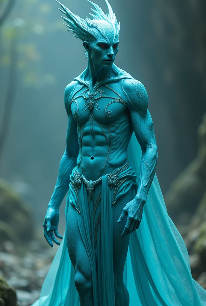 Being fantastic beautiful male bright cyan color, with textures on the skin, long legs and arms, with a beautiful but not human face.