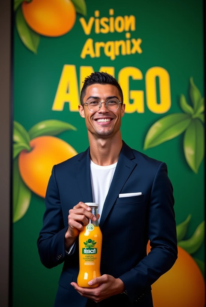 Cristiano ronaldo souriant en veste bleu de nuit et des lunette vu clair, tenant une bouteille en verre de 33cl de jus de fruit naturel de mangue de la marque VISION AGRI derriere lui il y'a un poster geant vert ecris VISION AGRI en jaune