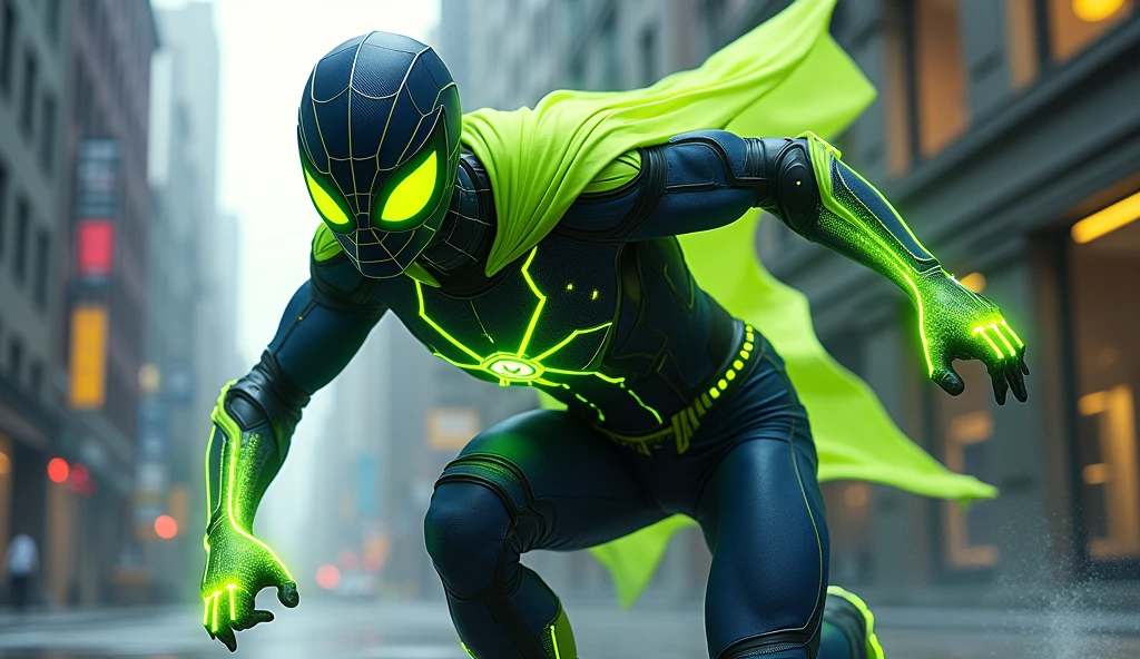 Create a superhero character called 'Techman', inspired by the style of Spider-Man. The character must wear a fitted outfit with predominant colors of dark blue and black., but with a vibrant color and highlighted as a central element. Add a lime green chroma-style cape or accessory, that stands out visually. The outfit must be modern and technological, with subtle details such as circuits and technological symbols, but without the spider symbol on the chest. The Techman must have a dynamic and agile posture, with a confident and friendly expression. The background can be a futuristic urban setting, but the highlight should be on the lime green cape or accessory to ensure that it stands out in thumbnails and is easily recognized as the superhero that helps choose the best options.
Create an image of Techman in a dodging pose, similar to Spider-Man's 'spider-sense', where he appears to be dodging an attack or detecting danger. The attire should be the same with dark blue and black, and the lime green accessory should highlight the movement. The background may show a moving attack or an environment of imminent danger.
