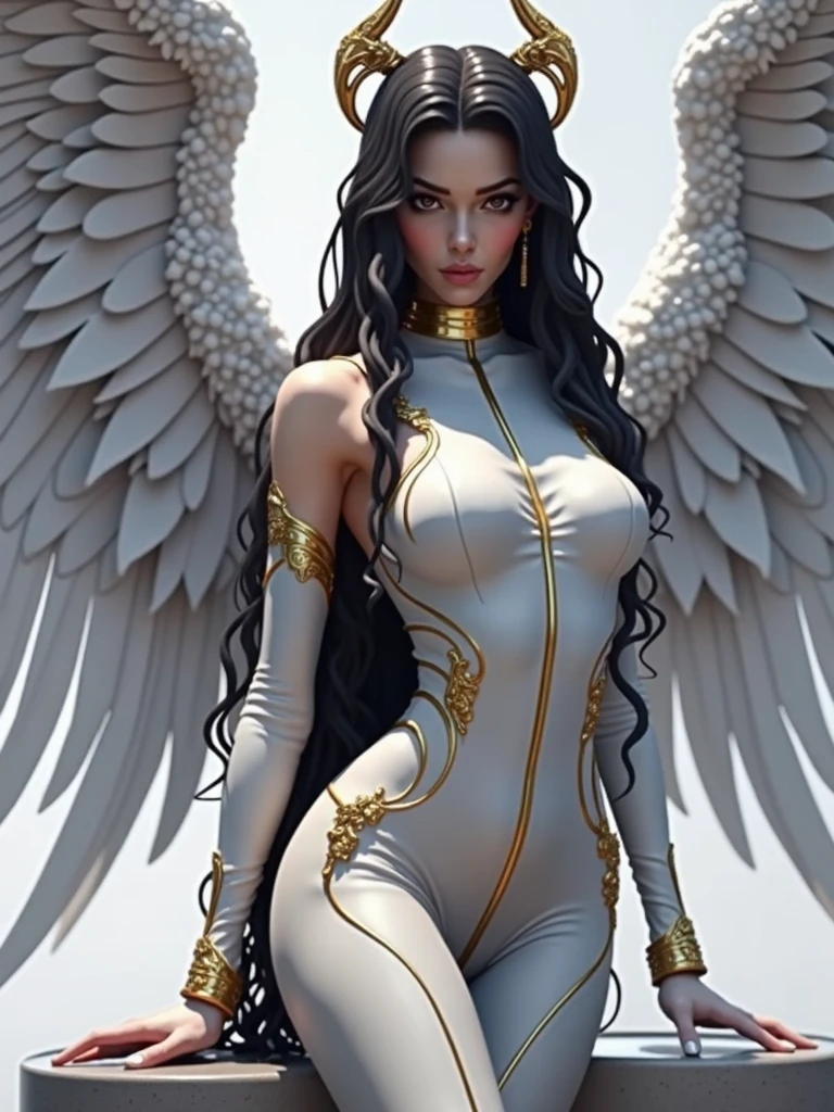 (best quality,8k:1.2,high resolution:1.2),ultra-detalhado,Realistic,female,long black curly hair,rosto extremamente detalhado,long eyelashes,big white angel wings,white latex catsuit with gold details,metalic accessories,Physically-based rendering,sharp focus,white neutral background