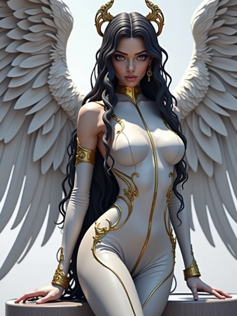 (best quality,8k:1.2,high resolution:1.2),ultra-detalhado,Realistic,female,long black curly hair,rosto extremamente detalhado,long eyelashes,big white angel wings,white latex catsuit with gold details,metalic accessories,Physically-based rendering,sharp focus,white neutral background