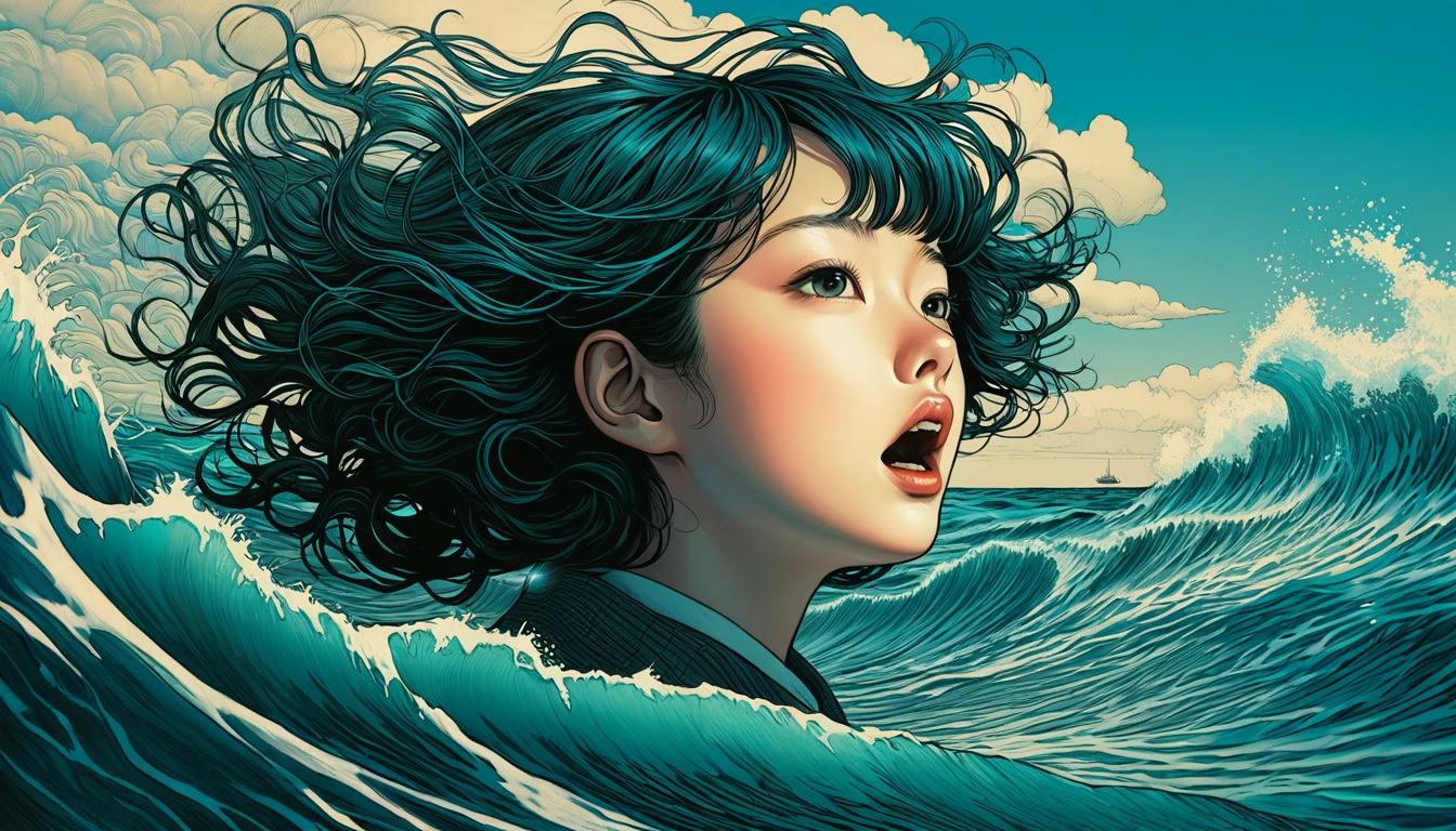 An illustration、art、Supervised by Junji Ito、Overaction、Overreaction、Pretending to be scared、Attention to detail, Realistic shadows、Analog Style, chromatic aberration, Surrealism,Ocean
