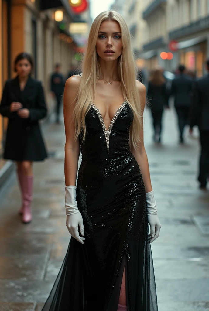 from her back, looking down, Low-angle view, full view of a woman 30 years old, very long blond straight hair, blue eyes, slim, large chest, she's wearing aa long black sequined dress with rhinestones and a large neckline, white gloves, pink boots, analog style, skin texture, film grain, Ultra High Resolution, best shadow, RAW, high detailed face, high detailed skin, high detail face, beautiful face, natural skin texture, no reflection, see the grain of its skin, high detailed face, high detailed skin, Fujifilm XT3, realistic photography, perfect face.