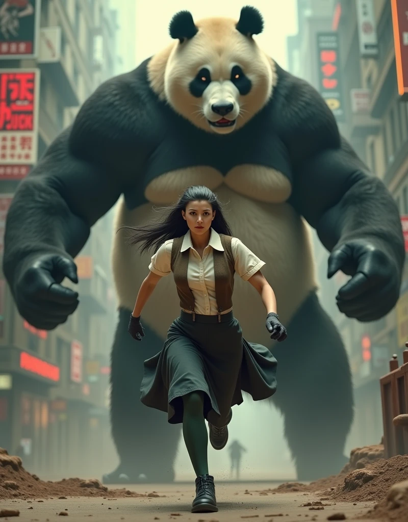 ((Highest quality)), ((masterpiece)), ((Giant panda with a refrigerator)), (Gray female pigeon:1.2), (horror movie posters:1.5), (short-sleeved shirt),Gray female pigeonがオフホワイトで襟付きのshort-sleeved shirtに薄茶色のベストを着てひざ丈の黒いスカートに濃い緑の靴下と黒の靴を履いている, Female pigeon vs giant panda, Gray female pigeonが全力疾走で巨大パンダから逃げている, 筋肉質なGray female pigeon、Photorealistic images,