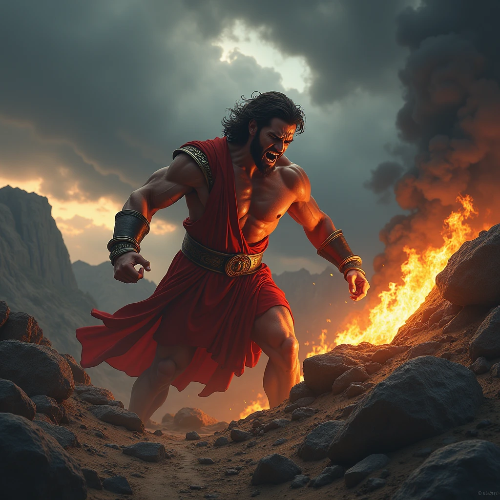 Hercules in agony, wearing the poisoned robe, Ancient Greece, atop a mountain with a burning pyre nearby, writhing in pain as the poison takes effect, stormy sky above, dramatic and emotional wide shot, hyper-realistic, photo realism, cinematography --ar 1:1