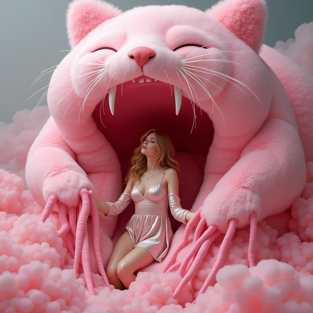 a woman wearing a satin costume is inside a huge pink fleece cat plushie, she is getting sucked inside into the plushie, as tentacles grip and pull her down, looking at the scene of the side view