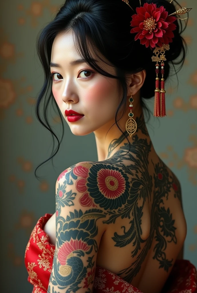 There are a neat mature Japanese women with tattoos on their backs, tattoos inspired by Ukiyo-e, Utamaro Kitagawa, Nobuyoshi Araki, Riyoko Ikeda, Maya Takamura, geisha tattoos, rising dragons on the body、Various poses