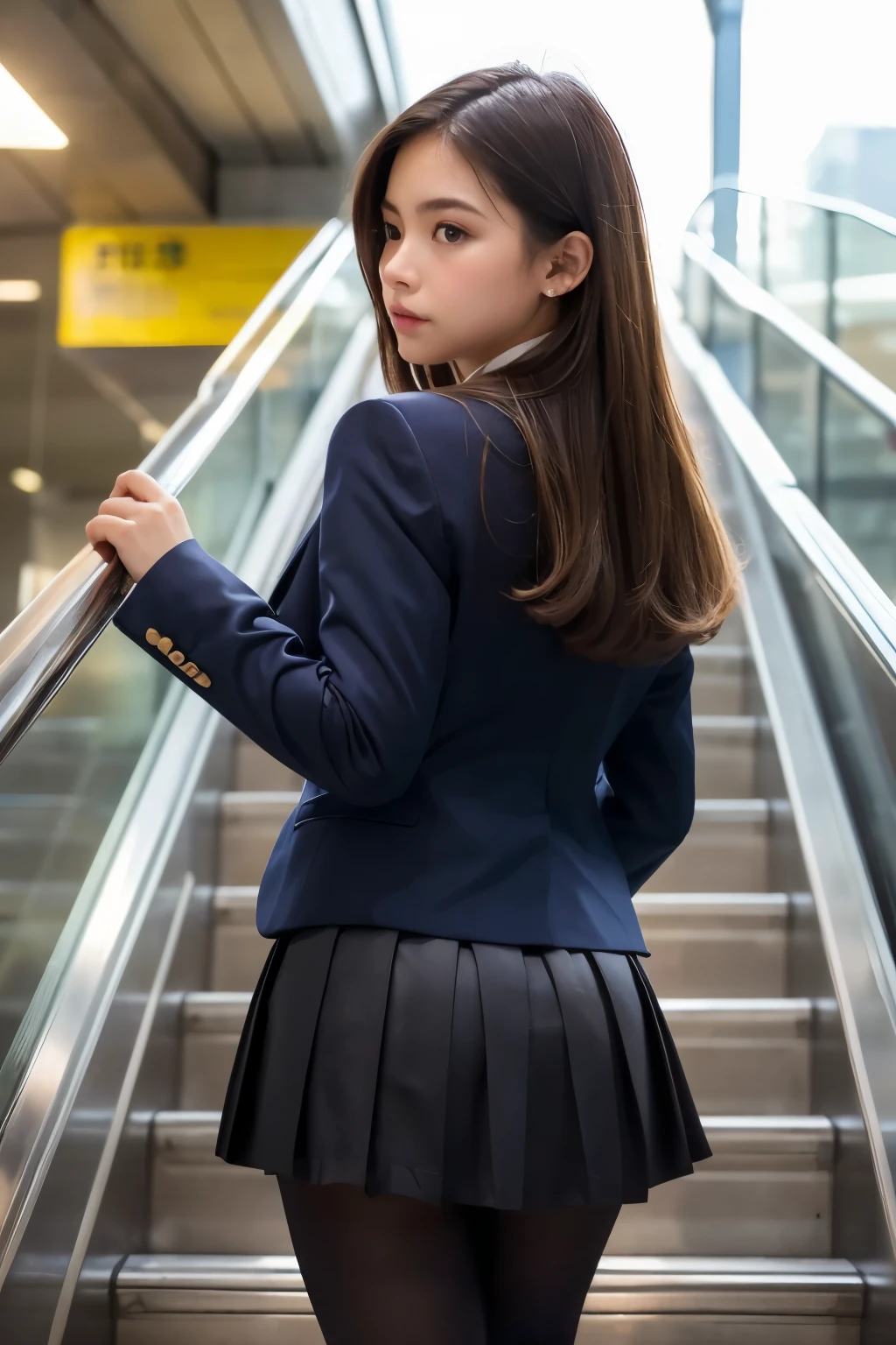 ((Highest quality)), ((masterpiece)), (Familiar), A high school girl riding an escalator on her way to school、Glare、Navy Blazer、mini skirt、Ultra-realistic pantyhose、Rear view、Voyeur、(Shooting from directly below)、Pantyhose calf close-up、Station Escalator、Everybody line up on the left、