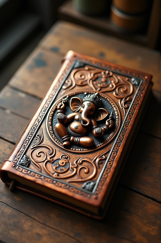 The book should be closed kept on the table and must have the image of lord Ganesha on it. The cover should be made of rusty copper with a golden shade