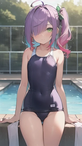 (((scrawny))),((Wheat skin)),(((160cm))),tanlines,(side ponytail,ahoge,One eye is covered by hair),((Purple Hair)),(fluorescent pink streaked hair),(Green Eyes),Slanted Eyes,BREAK,(School Swimsuit),Poolside,Green scrunchies