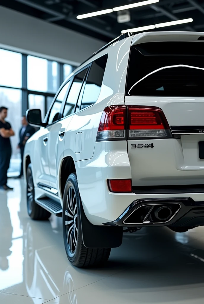 "A luxurious white Toyota land cruiser SUV with a modern design, viewed from the back side, in a bright and polished showroom. The vehicle features sleek tail lights with a futuristic design, a prominent rear bumper, and large black alloy wheels. The SUV's rear has a smooth and aerodynamic shape, with subtle curves and lines enhancing its appearance. The setting includes a glossy showroom floor reflecting the vehicle's details. In the background, a few people can be seen, adding to the busy and upscale showroom atmosphere. Lighting highlights the car’s glossy white paint and the dark accents on its rear."back side view