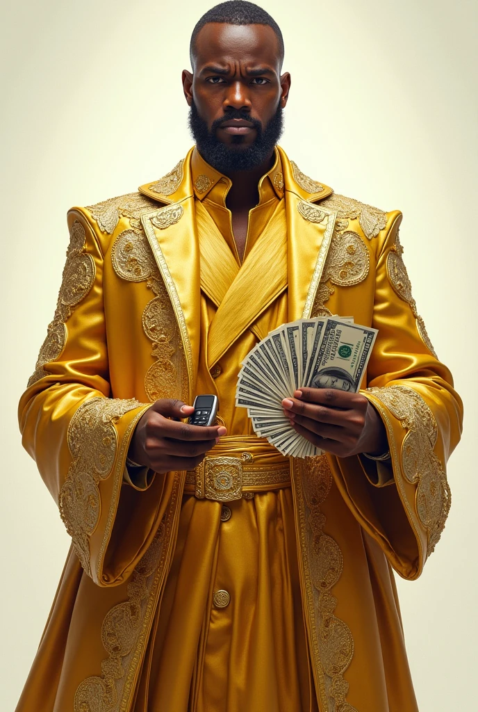 A man image gold dress and first' hand was lembo car key and second hand was money  frente look image not blur man image and zoom and man face white