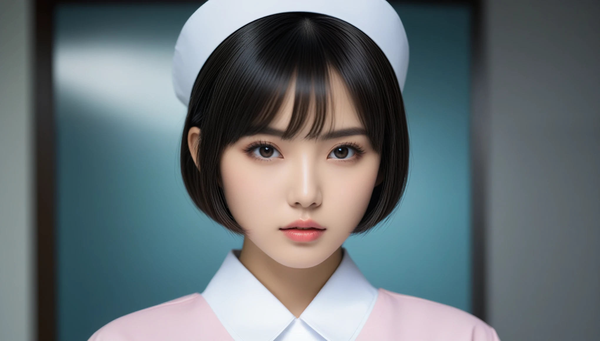 8k, Ultra-high resolution, Highest quality, masterpiece, 三分割法によるphotograph,Surreal, photograph, 1 , (:1.3), cute, cute顔, 細部までBeautiful Eyes, 細かくdetailedに,masterpiece,One Girl:1.2,Japanese women,nurse,upper body,glaring,Black short hair,Bowl cut,ID photo,((Fusion of humans and androids)),(Nurse uniform of the future:1.3),cyber punk,Eccentric,Medical Treatment Room,white collar,(Beautiful attention to detail),Subtle details, detailedな顔,anger,Attractive eyes,(ポートレートphotograph:1.4),(Photorealistic images:1.4),Fantasy art,(Beautiful Face:1.4),美しくAttractive eyes、Beautiful Eyes,Silver residue,(Tight waist:1.4)、(Beautiful with perfect body proportions:1.4),Pink Lips,profile,(((Ideal body type))),A-cup small breasts :2,、Portraiture:2、Perfect Anatomy、鮮明なdetailed、detailed,Fashion magazine cover,Thin lips,完璧でBeautiful Face ,完璧でcute顔, Skin with attention to detail, Perfect limbs、Narrow waist,Surreal,Light and shadow,spotlight