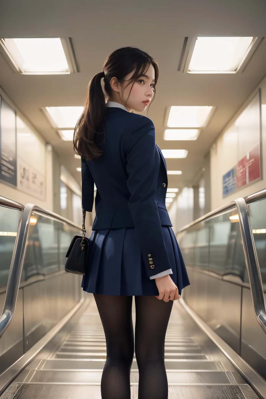 ((Highest quality)), ((masterpiece)), (Familiar),  A high school girl riding an escalator on her way to school、Glare、Navy Blazer、mini skirt、Ultra-realistic hose、Rear view、Voyeur、(Shooting from directly below)、Pantycalf close-up、Station Escalator、Everybody line up on the left、