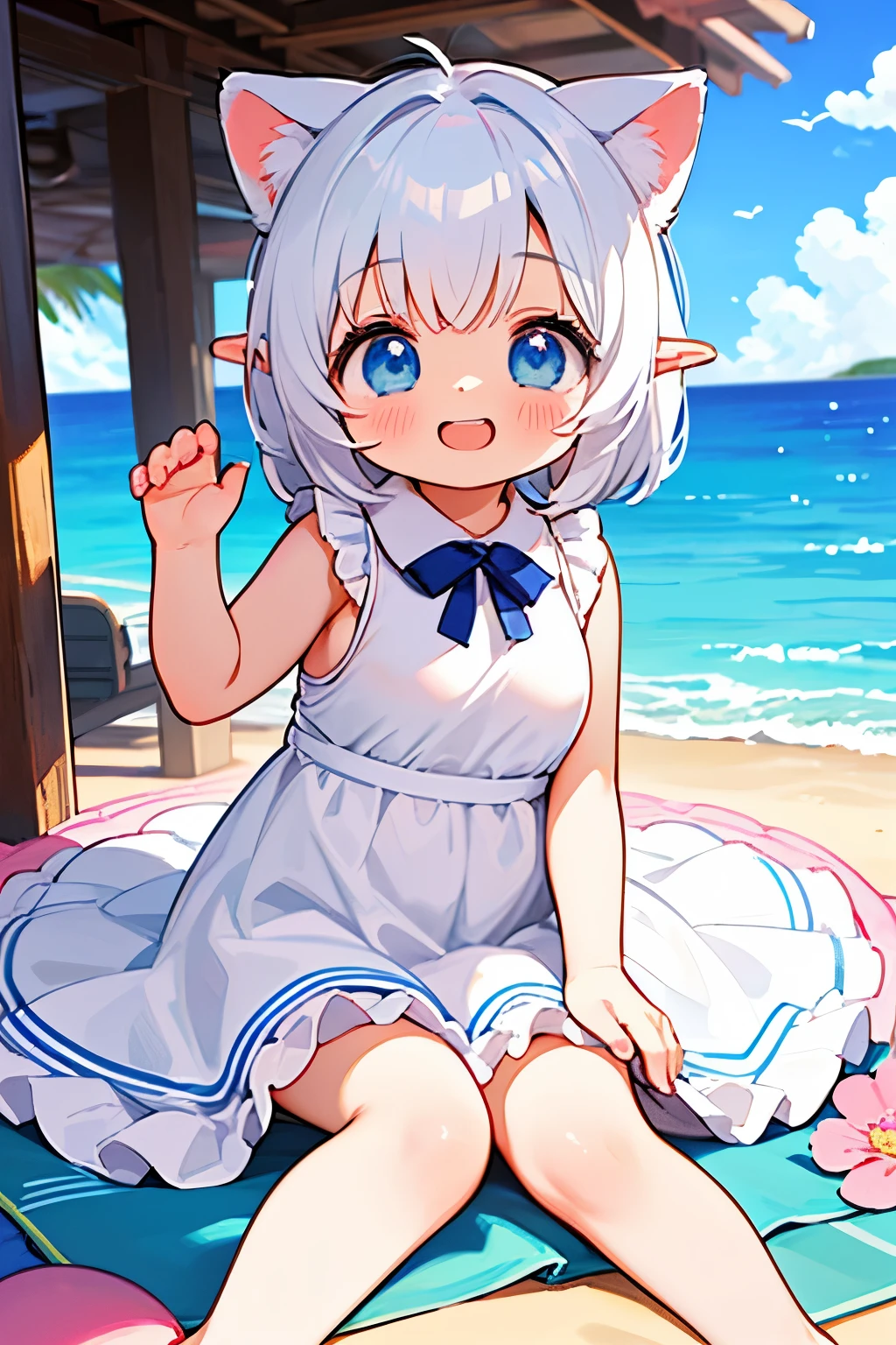 anime、pastel、Cute Asian Kid、Small child、、Very short、Baby Face、Laughing with your mouth open、Happy smile、Showing teeth、Double teeth、Indigo and white hair color、Braided Short、Flower Hair Ornaments、Small animal ears、drooping ears、Fluffy animal tails、Blue eyes、Blue eyes、Odd Eye、Cute eyes、Wide open eyes、Clear eyes、Cheeky cheeks、White sleeveless skirt、Pure white dress、Skirts with ruffles、Put your arm out、Put your feet up、Plump thighs、Cute Girlfriend、happy、really like、Frolic innocently、Heart on screen、Pear-shaped、Enormous Breasts(Huge breasts:1.1)、The light shines through、sit、Colorful flowers、barefoot、beach