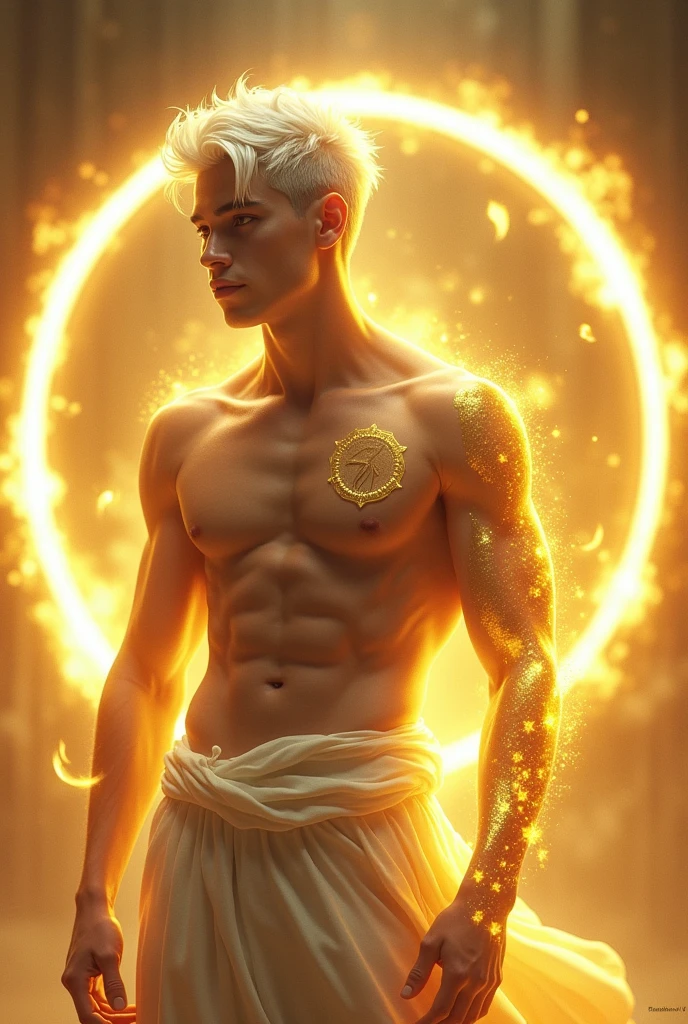 A young man who is the god of light, has white hair and a glowing golden tattoo under his left eye. On his arm and body, there is a glowing golden ring behind him.