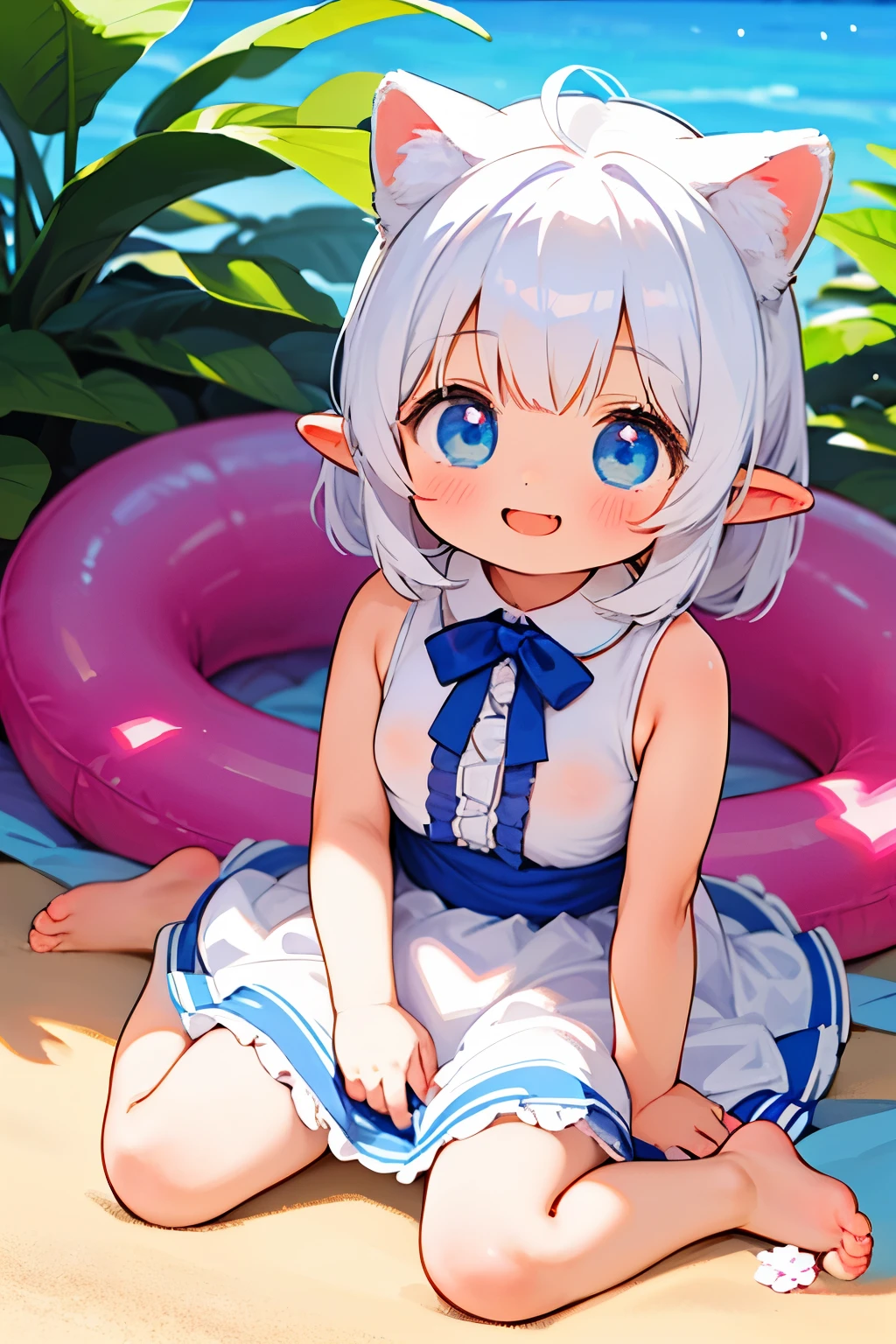 anime、pastel、Cute Asian ???、Small child、、Very short、Baby Face、Laughing with your mouth open、Happy smile、Showing teeth、Double teeth、Indigo and white hair color、Braided Short、Flower Hair Ornaments、Small animal ears、drooping ears、Fluffy animal tails、Blue eyes、Blue eyes、Odd Eye、Cute eyes、Wide open eyes、Clear eyes、Cheeky cheeks、White sleeveless skirt、Pure white dress、Skirts with ruffles、Put your arm out、Put your feet up、Plump thighs、Cute Girlfriend、happy、really like、Frolic innocently、Heart on screen、Pear-shaped、Enormous Breasts(Huge breasts:1.2)、The light shines through、sit、beach