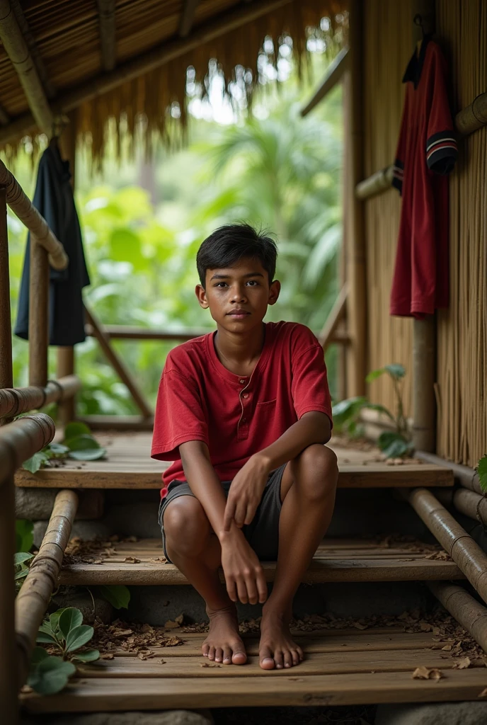 Photorealism 1.4 realistic realism high detailed definition Malaysian orang asli native aborigines wearing red shirt short sitting on stairs bamboo floor bamboo hut leaf roof at the jungle shirt clothes hanging at back