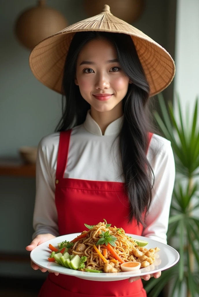 Vietnamese girl with long black hair, right hand holding a plate of food in front, left hand clasped behind her back, wearing a waitress outfit and a conical hat