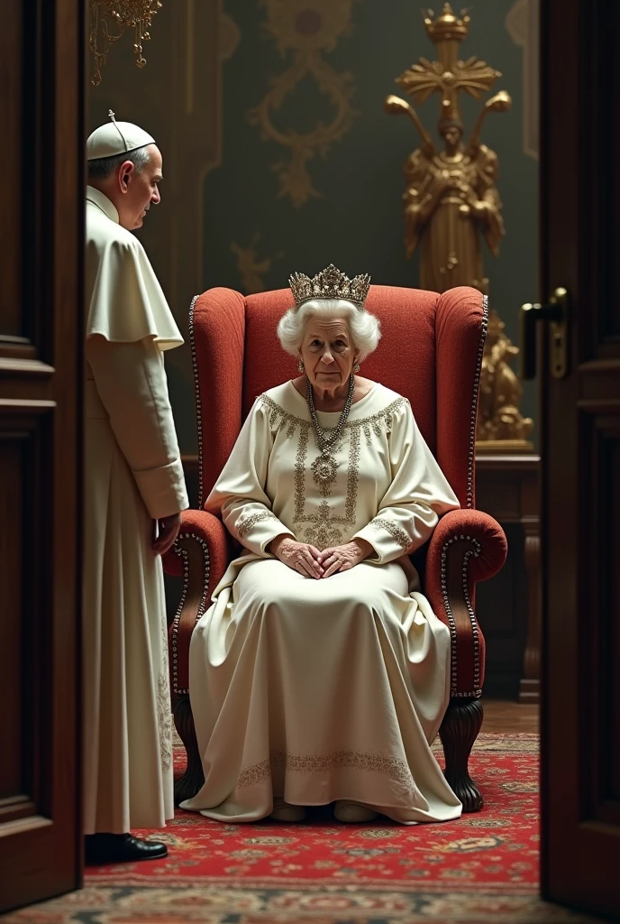 The Pope goes to his office. When you open the door, notices that an elderly woman dressed as the Queen of England is sitting in an armchair in front of her office desk.