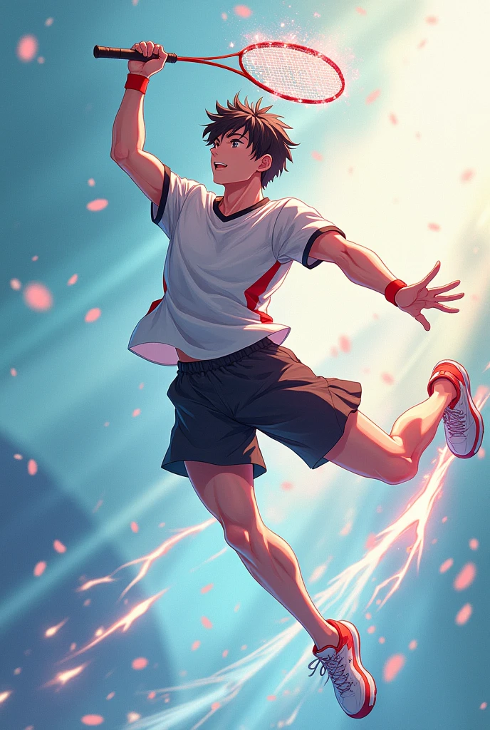 Generat the most coolest image of badminton x anime with aura and in jump smashing pose it should be male character it should be square image