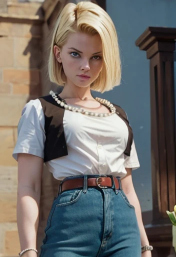 masterpiece , Android 18, Blonde with big blue eyes, smooth skin, slender and curvy body, big and heavy tits, thin waist and wide hips, shapely legs, jeans white shirt and black vest, pearl necklace and bracelets,