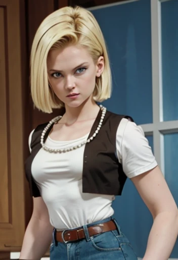 masterpiece , Android 18, Blonde with big blue eyes, smooth skin, slender and curvy body, big and heavy tits, thin waist and wide hips, shapely legs, jeans white shirt and black vest, pearl necklace and bracelets, 