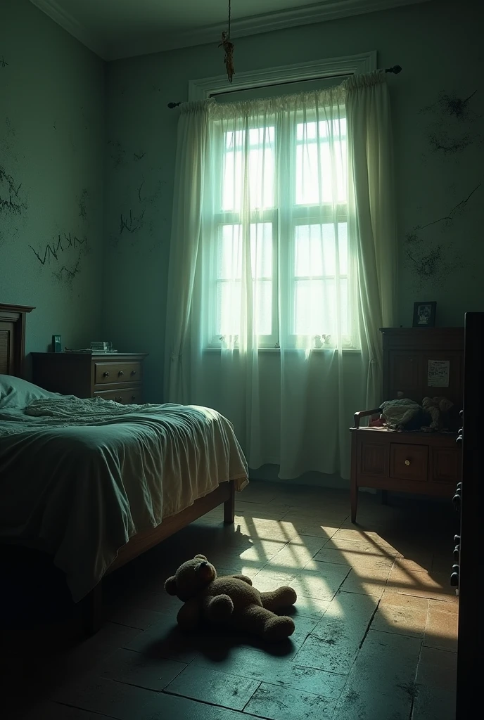 Description : An empty child's room in the morning, with a teddy bear abandoned on the floor. Les murs sont couverts de griffures profondes, and the bed is unmade as if someone had been dragged out of it. La lumière du matin traverse les rideaux légèrement ouverts, illuminating the sinister scene.