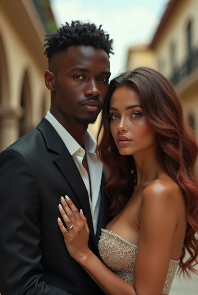 A couple formed by a young black man with fine features, straight hair cut low, thin moustache, super tall stature, thin but with a muscular body, wearing formal clothes and an extremely white woman, greeneyes, short stature, wide body with super wide hips and huge glutes, Waist slender. Wearing a long dress with long sleeves. Wavy hair in light brown with a hint of red. They are both in Vitória da Conquista