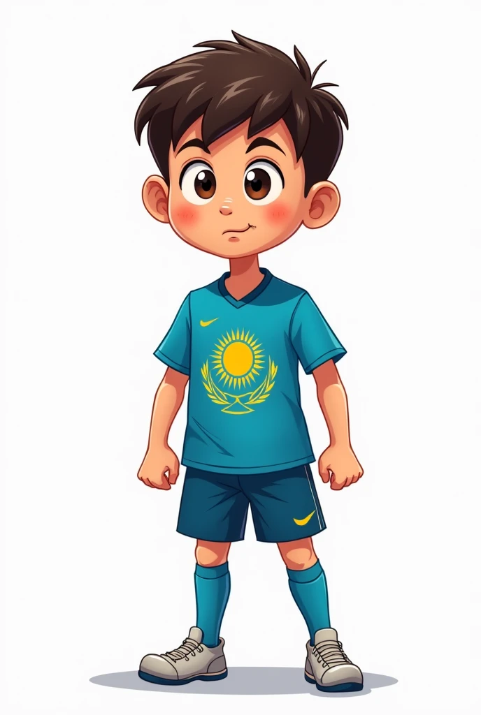 ((officially)) ((masterpiece)) ((Best quality)) ((detailed)) cartoon boy football player in uniform with emblem flag of Kazakhstan on white background