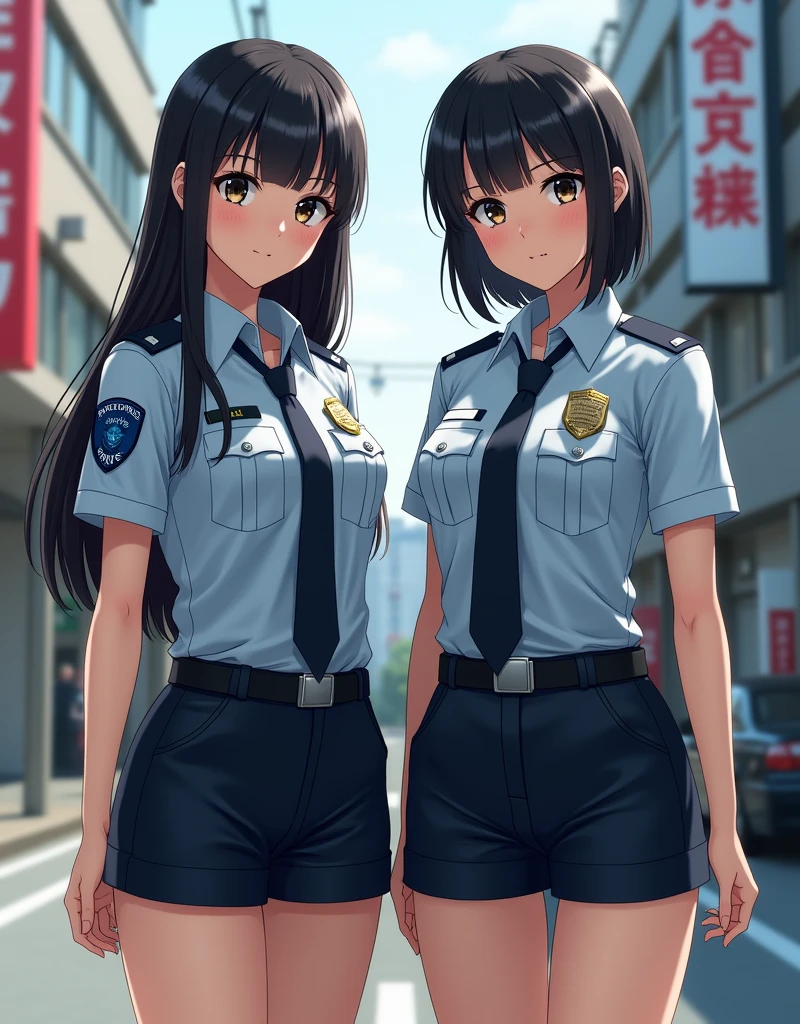 two japanese girl in police uniform with skirt realistic