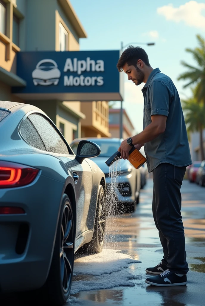 I am washing my car using car shampoo and behind there is a car accessories shop and shop name is ALPHA MOTORS
