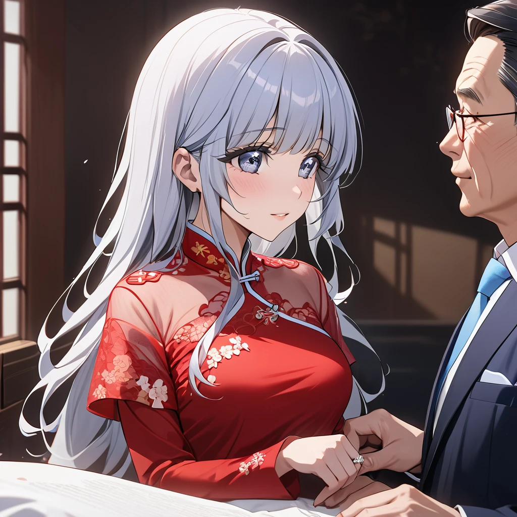 ((Highest quality)), ((masterpiece)), (detailed), （Perfect Face）、The woman is Aoki Reika, with medium-long hair, wearing a red Chinese wedding dress and an engagement ring.、The woman married a middle-aged man who is a member of the Chinese Communist Party and had a grand wedding.