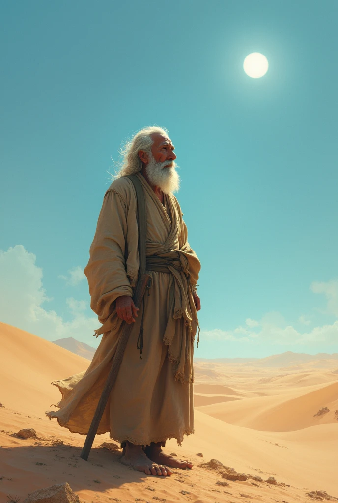 An old man in the desert talking to God