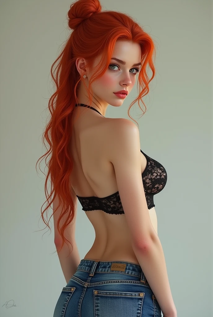 An attractive young woman with fair skin and red hair, long and high bun. wears jeans. Her body is curvy, fleshy lips, with wide hips and a thin waist