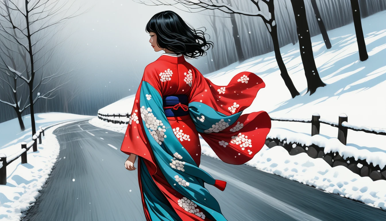 An illustration、art、Supervised by Junji Ito、Overaction、Overreaction、Pretending to be scared、Attention to detail, Realistic shadows、Analog Style, chromatic aberration, Surrealist: A kimono-clad virgin walking along a snowy road