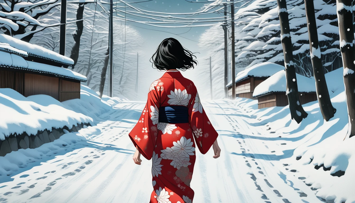 An illustration、art、Supervised by Junji Ito、Overaction、Overreaction、Pretending to be scared、Attention to detail, Realistic shadows、Analog Style, chromatic aberration, Surrealist: A kimono-clad virgin walking along a snowy road